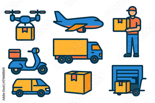 Modern Delivery Icons. Carrier flat icon set. drone with package, cargo jet, truck trailer, delivery man, scooter, parcel, van, loading dock.