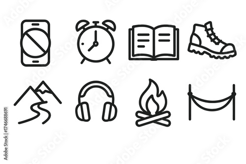 Digital Detox Icons. Digital Detox outline set. smartphone with slash, alarm clock, open book, walking shoes, mountain trail, headphones, campfire, hammock.
