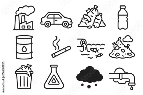 Pollution Icon Illustrations. Pollution Basics outline set. factory with smoke, car exhaust, trash pile, plastic bottle, oil barrel, cigarette smoke, polluted river, landfill