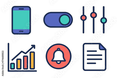 Modern Digital Icons. Digital page tab flat icon set. smartphone, toggle switch, sliders, chart, notification, document.