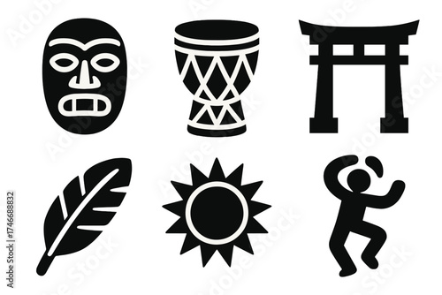 Cultural Legend Icons. Cultural legend silhouette set. mask, drum, temple gate, feather, sun, dance figure.