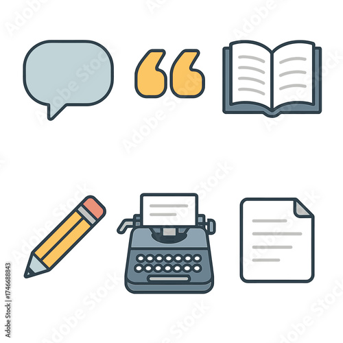 Text Icon Set. Text caption isometric set. speech bubble, quotation marks, open book, pencil, typewriter, document.