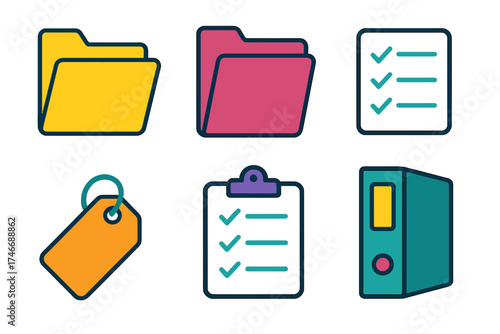 Vibrant Office Icons. Organizational page tab flat icon set. file folder, divider, checklist, label tag, clipboard, binder.