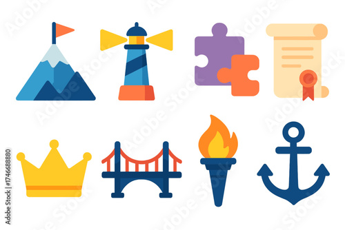 Icons of Guidance. Dedication flat icon set. mountain peak, guiding light, puzzle fit, scroll with seal, crown, bridge, torch flame, anchor.