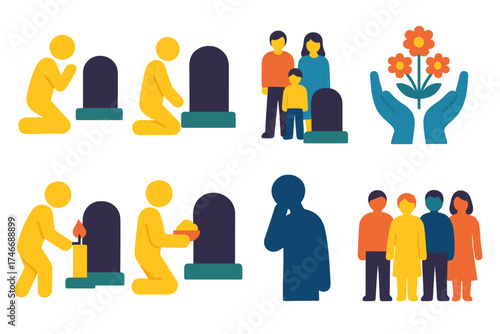 Graveside Visits Icons. Visitation symbols flat icon set. person praying at grave, person kneeling at grave, family visiting grave, hands with flowers, candle lighting at grave