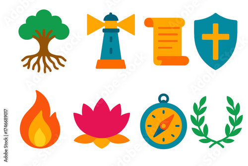 Symbolic Icons Array. Faith flat icon set. tree roots, guiding light, scroll, shield, flame, lotus flower, compass, laurel wreath.