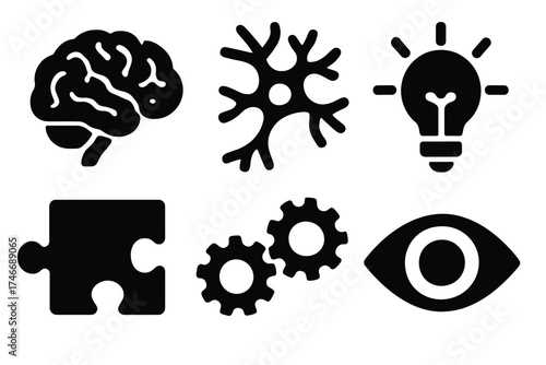 Cognitive Symbolic Icons. Brain cognition silhouette set. brain, neuron, light bulb, puzzle piece, gears, eye.