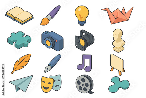 Creative Icons Collection. Creative Openness isometric set. open book, paintbrush, lightbulb, origami crane, puzzle piece, camera, stage spotlight, sculpture bust, feather