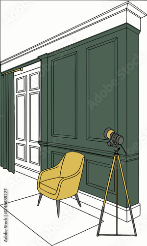 Interior design illustration modern armchair green wall paneling camera tripod studio setup home decor elegant room podcasting vlogging video recording professional photography minimal.