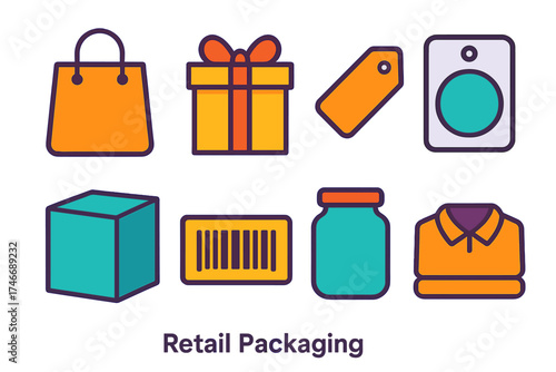 Stylish Retail Icons. Retail Packaging flat icon set. shopping bag, gift box with ribbon, paper tag, plastic wrap, product box, barcode, sealed jar, folded clothes.