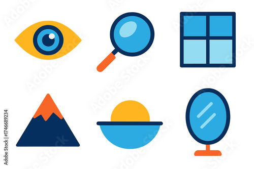 Vibrant Icon Exploration. Visual shift flat icon set. eye, magnifying glass, window, mountain peak, horizon, mirror.