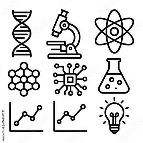 Science Icons Gallery. Scientific Persistence outline set. DNA strand, microscope, atom, lab flask, neural network, circuit board, data chart, lightbulb idea.