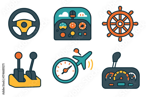 Control Icons Collection. Vehicle & Machine Control flat icon set. steering wheel, airplane cockpit, ship wheel, gear shift, control levers, speedometer, autopilot icon, dashboard.