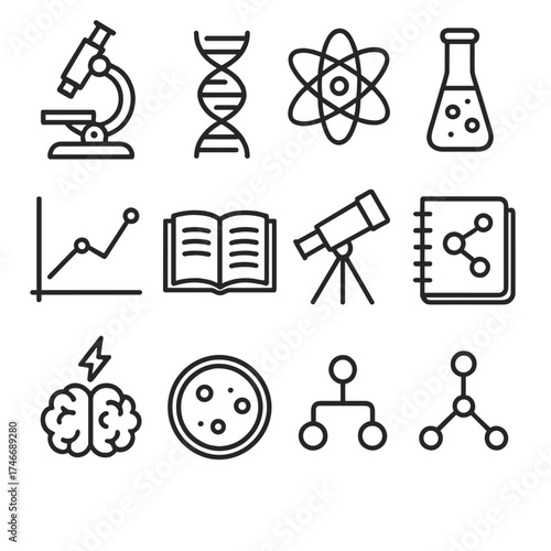 Science Icons Collection. Scientific understanding outline set. microscope, DNA strand, atom, test tube, beaker, graph, open book, telescope, lab notebook, brain spark, petri dish