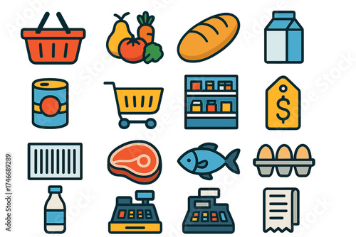 Modern Grocery Icons. Grocery Store flat icon set. basket, fruits, vegetables, bread loaf, milk carton, canned food, shopping cart, shelf, price tag, barcode, meat cut, fish, egg