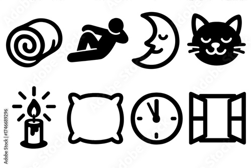 Brutalist Nap Icons. Nap silhouette set. blanket roll, relaxed figure, gentle moon, purring kitten, candle glow, fluffy pillow, clock at noon, open window.