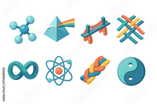Modern Isometric Icons. Synthesis isometric set. molecule, prism refraction, bridge, weaving threads, infinity loop, atom, braided rope, harmony symbol.