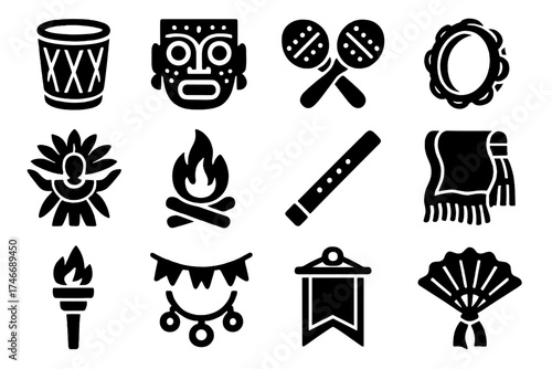 Cultural Dance Iconography. Cultural Dancer silhouette set. drum, mask, maracas, tambourine, feathered costume, bonfire, flute, scarf, torch, garland, jewelry, banner, crown