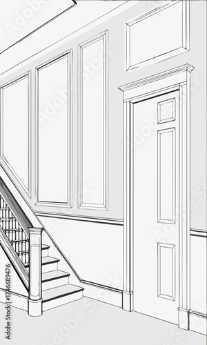 Interior design sketch staircase door wainscoting molding architectural drawing home decor house plan renovation remodeling construction blueprint 3D rendering interior architecture.