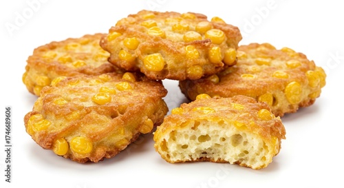Goldenbrown corn fritters one with a visible interior on a white background