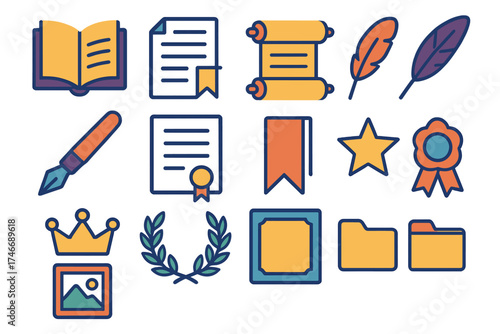 Iconic Literary Symbols. Title Page flat icon set. open book, document, scroll, feather, pen, quill, certificate, bookmark, star, crown, laurel wreath, cover sheet, ribbon, gallery