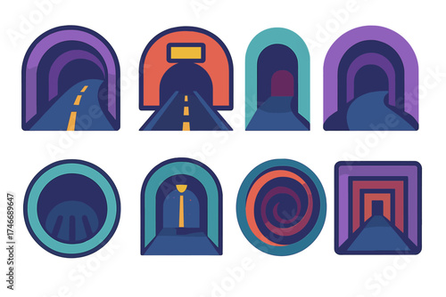 Minimalistic Tunnel Icons. Tunnel flat icon set. curved tube, road underpass, tunnel with sign, sewer drain, cavern arch, pathway light, abstract swirl, maze tunnel.