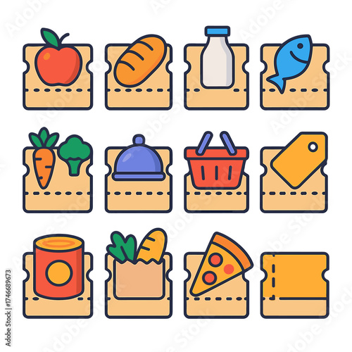 Vibrant Food Icons. Food coupons flat icon set. apple, bread loaf, milk bottle, fish, vegetables, restaurant tray, shopping basket, price tag, canned food, bag of groceries, pizza