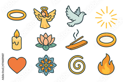 Sacred Dance Icons. Sacred dance isometric set. halo, angel, dove, rays of light, candle flame, lotus, incense, aura circle, heart, mandala, spiral, flame.