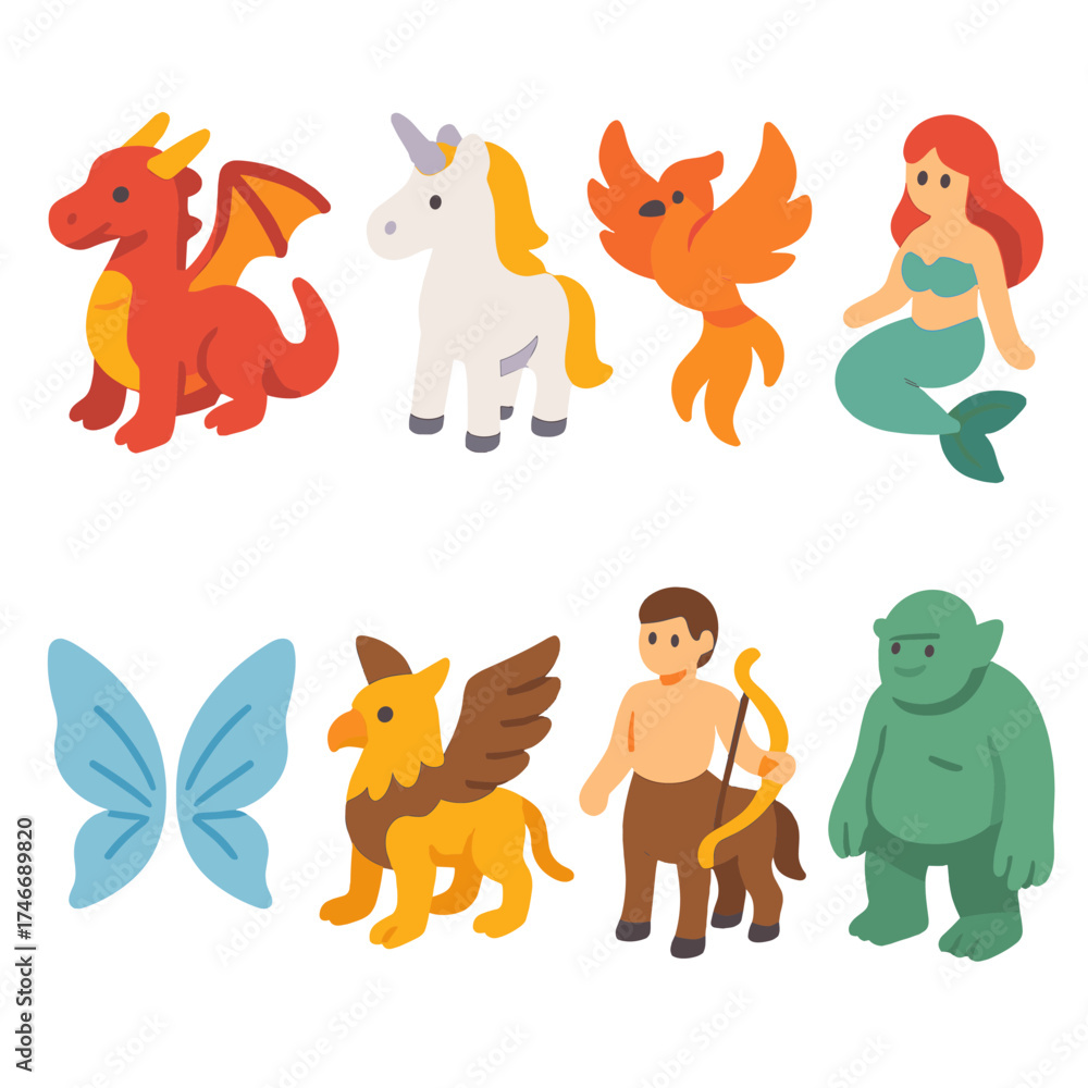 Obraz premium Fantasy Creature Icons. Fantasy Creatures isometric set. dragon, unicorn, phoenix, mermaid, fairy wings, griffin, centaur, troll.