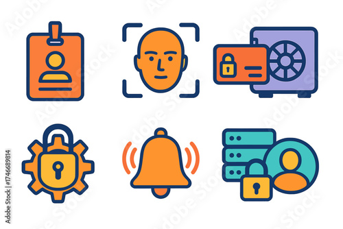Modern Security Icons. Security two-factor flat icon set. ID badge, biometric scan, keycard, vault door, lock with gear, alert bell, secure server, user silhouette.