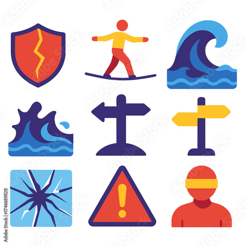 Symbolic Risk Icons. Risk flat icon set. shield with crack, tightrope walker, waves crashing, crossroads, storm wave, shattered glass, danger symbol, blindfolded figure.