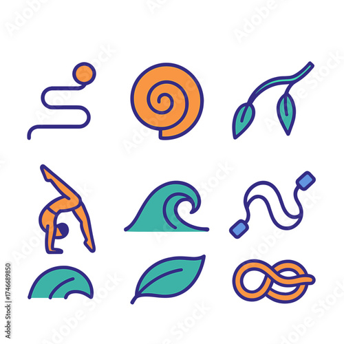 Flexibility Icons Collection. Flexibility flat icon set. curved path, spiral shell, bending branch, elastic rope, acrobat, rolling wave, leaf, knot.