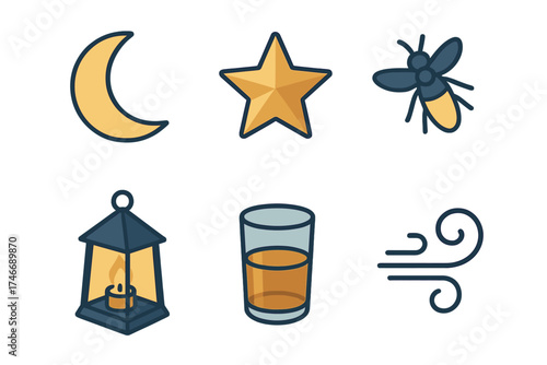 Evening Porch Icons. Evening porch isometric set. moon, star, firefly, lantern, glass, breeze swirl.