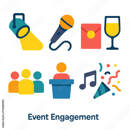 Event Icons Collection. Event Engagement flat icon set. stage spotlight, microphone, audience, invitation card, champagne glass, podium speaker, music notes, confetti.