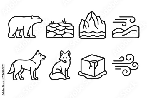 Arctic Animal Icons. Tundra outline set. polar bear, frozen ground, glacier, snow drift, wolf, arctic fox, ice block, frosty wind.