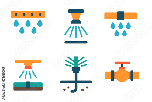 Minimalist Sprinkler Icons. Sprinkler pipe flat icon set. pipe with spray holes, nozzle icon, water flow line, droplet stream, pipe connector, underground irrigation, spray head