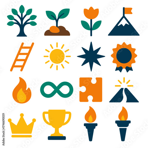 Tree of Life. Inspiration set flat icon set. tree of life, sprouting seed, blooming flower, mountain peak, ladder of progress, radiant sun, guiding star, shining badge, flame of