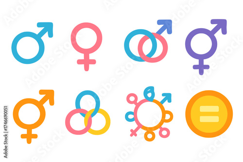 Diverse Gender Symbols. Gender symbols flat icon set. male symbol, female symbol, interlinked symbols, nonbinary symbol, inclusive symbol, unity symbol, circle of symbols, equality