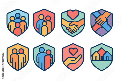 Community Badge Icons. Community badges isometric set. group badge, family badge, volunteer badge, unity badge, shared badge, friendship badge, care badge, neighborhood badge.