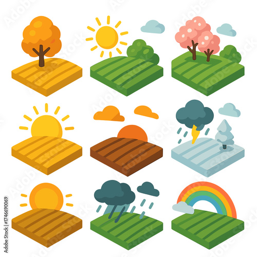 Seasonal Field Icons. Seasonal fields isometric set. autumn harvest field, summer sun field, spring bloom field, frosty winter field, golden sunrise field, sunset field, stormy