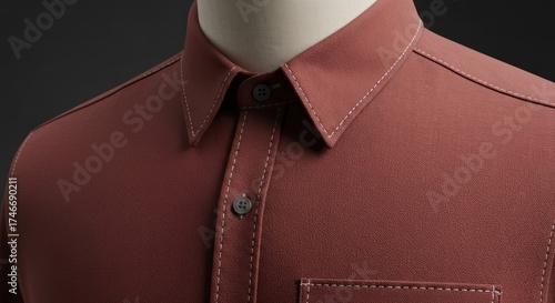 Shirt detail terracotta colored, buttoned, textured fabric, and bright stitching