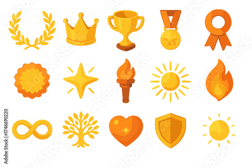 Honor Emblems Collection. Honor symbols isometric set. laurel wreath, crown, trophy, medal, ribbon, starburst, glowing star, guiding torch, radiant sun, flame of victory, infinity