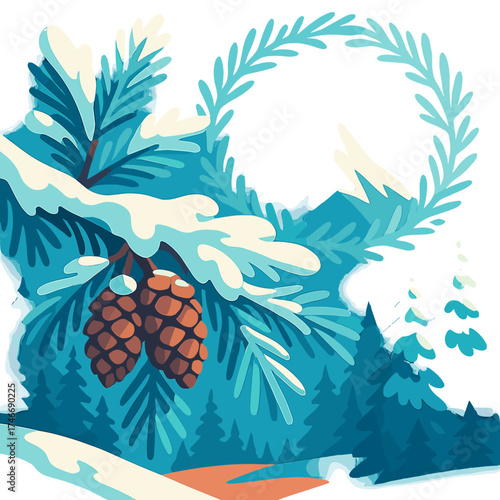 Frosted Pine Scene. Frosted pine flat icon set. snow-dusted branch, pinecone cluster, icy needles, snowy forest, frosted wreath, mountain peak