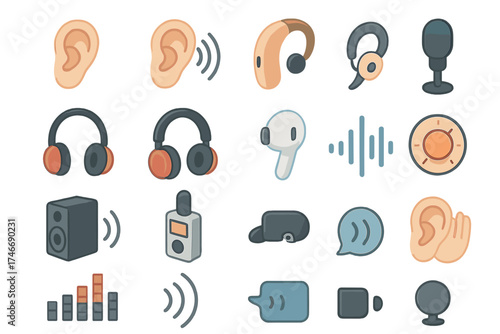 Hearing Icons Collection. Hearing icons isometric set. ear, ear with sound waves, hearing aid, cochlear implant, headset, headphones, earbud, microphone, speaker, sound meter