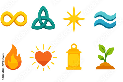 Symbolic Growth Icons. Symbolic growth isometric set. infinity loop, unity knot, guiding star, harmony wave, flame of inspiration, radiant heart, eternal light, prosperity icon.