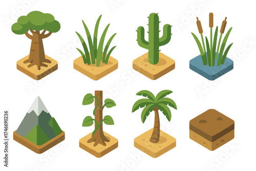Isometric Nature Roots Icons. Nature roots isometric set. baobab tree, savanna grass, desert cactus, river reeds, mountain peak, jungle vine, palm tree, fertile soil.