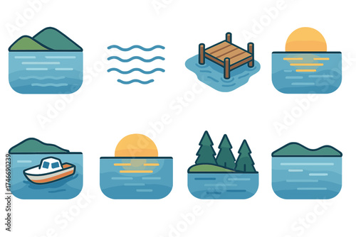 Isometric Waterfront Icons. Waterfront view isometric set. lake with hills, rippling surface, dock on water, sunrise reflection, boat floating, glowing horizon, tree line, clear