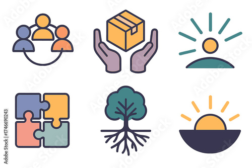 Community Support Icons. Community support isometric set. linked figures, care package, radiating lines, puzzle pieces, strong roots, rising horizon
