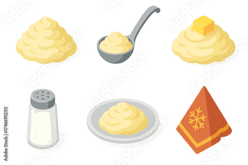 Mashed Potato Icon Set. Mashed potatoes isometric set. potato mound, ladle scoop, dollop of butter, salt shaker, side plate, festive napkin