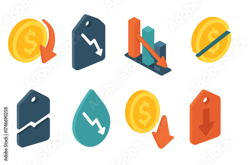 Cost Decline Icons. Cost decline isometric set. money symbol with arrow, tag with down line, sliding bar chart, dollar with cut, broken tag, value drop, falling coin, downward sale